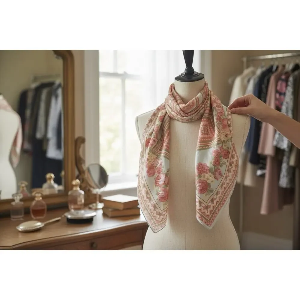 Vintage 70s Pure Silk Chiffon Scarf 35” Pink Rose Floral Cottagecore Fairy